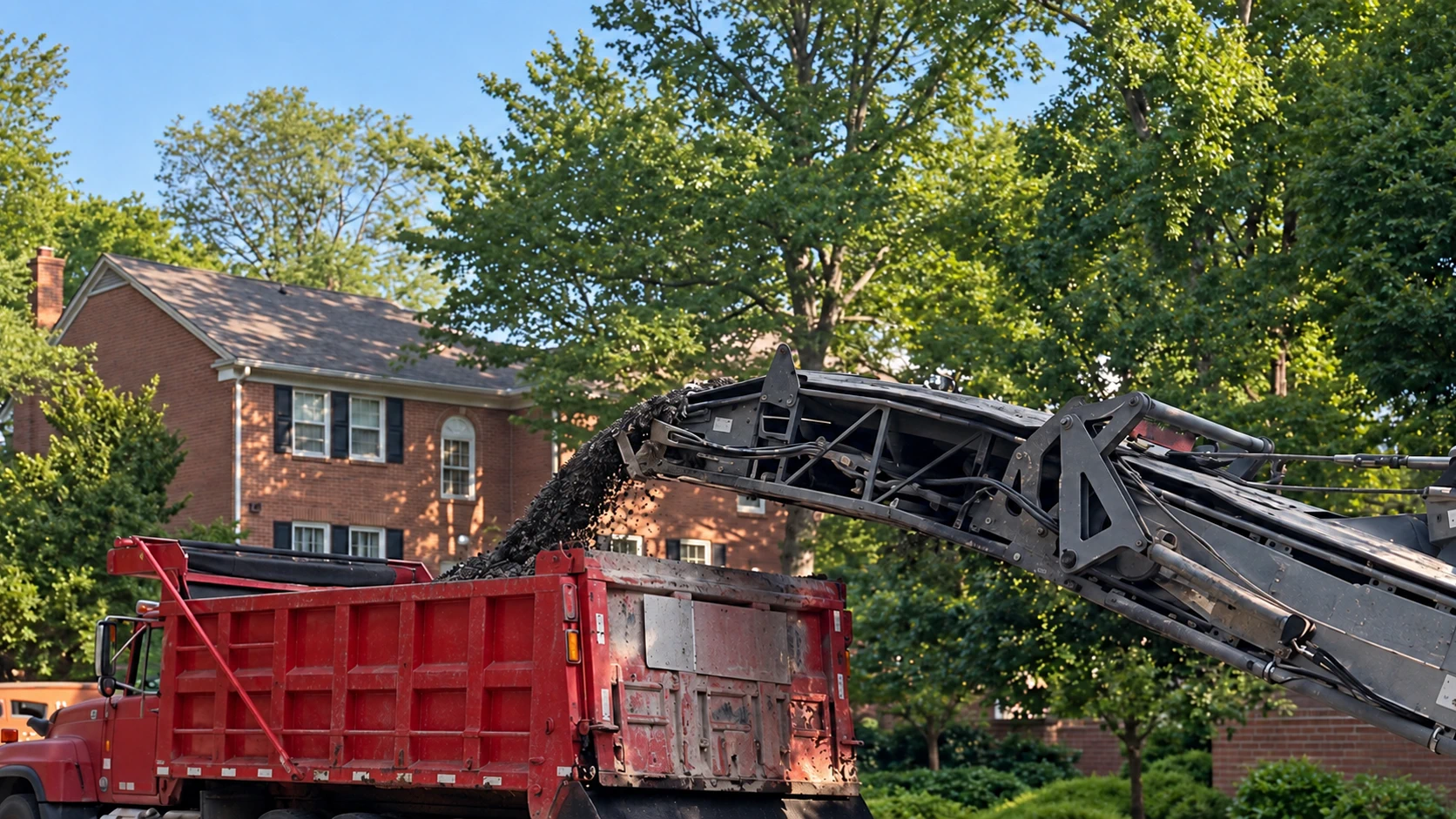 Reclaimed asphalt material loading into a haul truck
