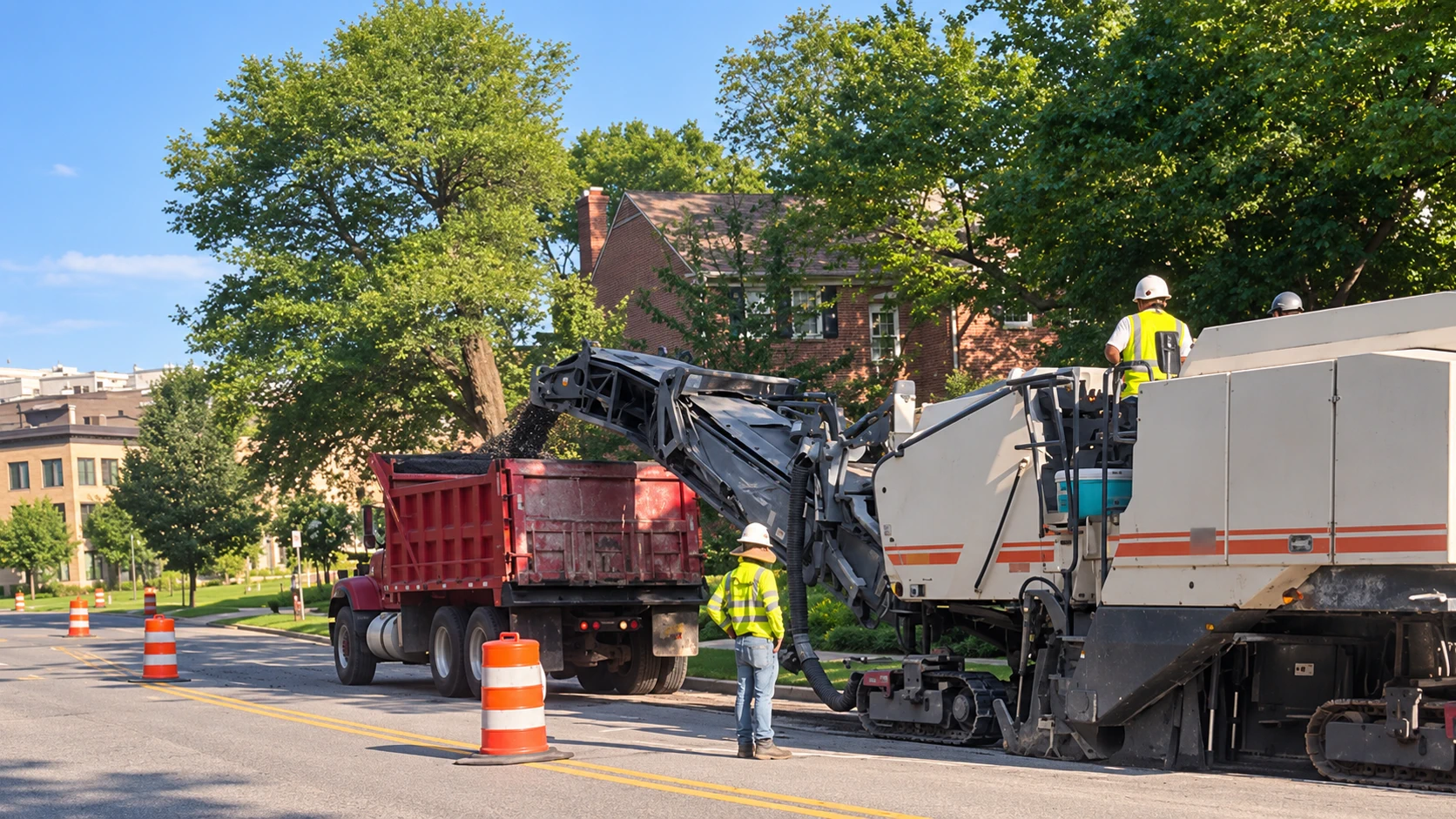 Street asphalt milling operation with commercial equipment and traffic controls